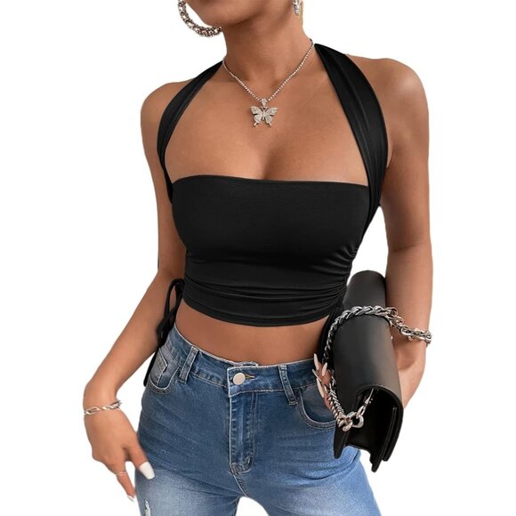 Remidoo Women's Halter Tie Back Ruched Drawstring Side Crop Cami Top - Picture 1 of 7